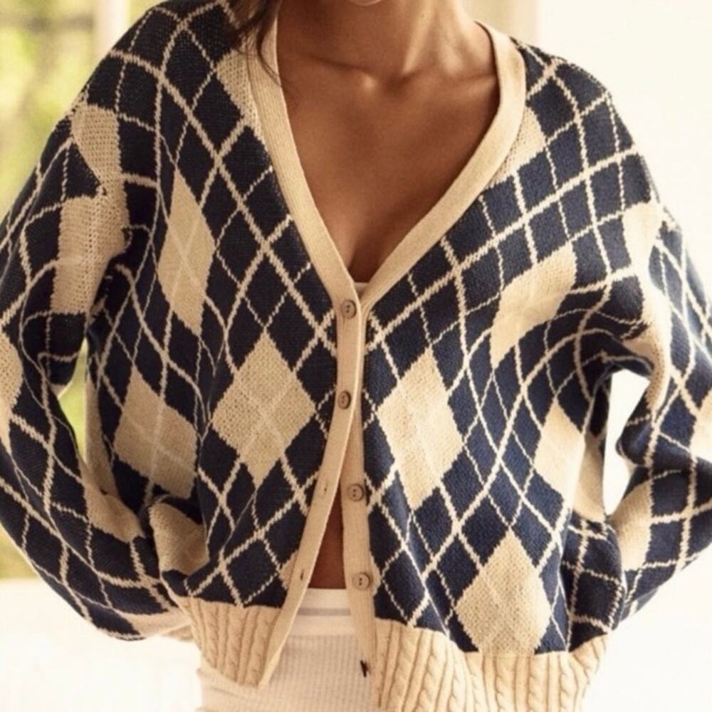Anthropologie LyreBird Navy Argyle Cardigan Sweater